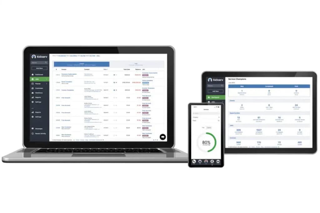 KickServ software dashboard displayed on laptop, tablet, and phone showing tools that support electrician description duties.